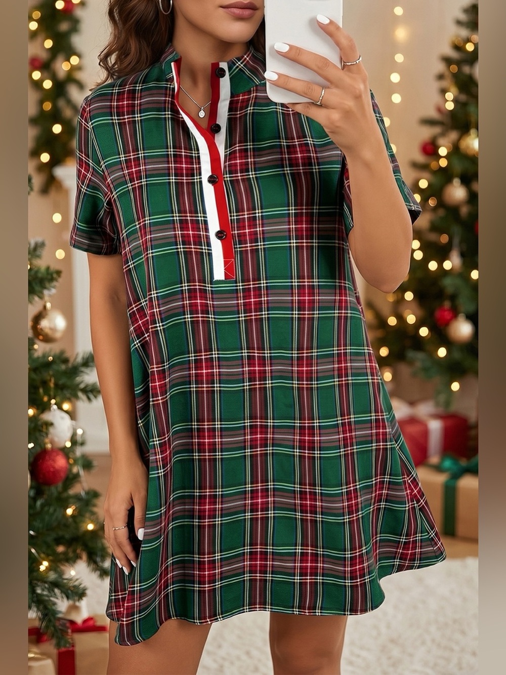 Plaid Button Front Short Sleeve Shift Dress